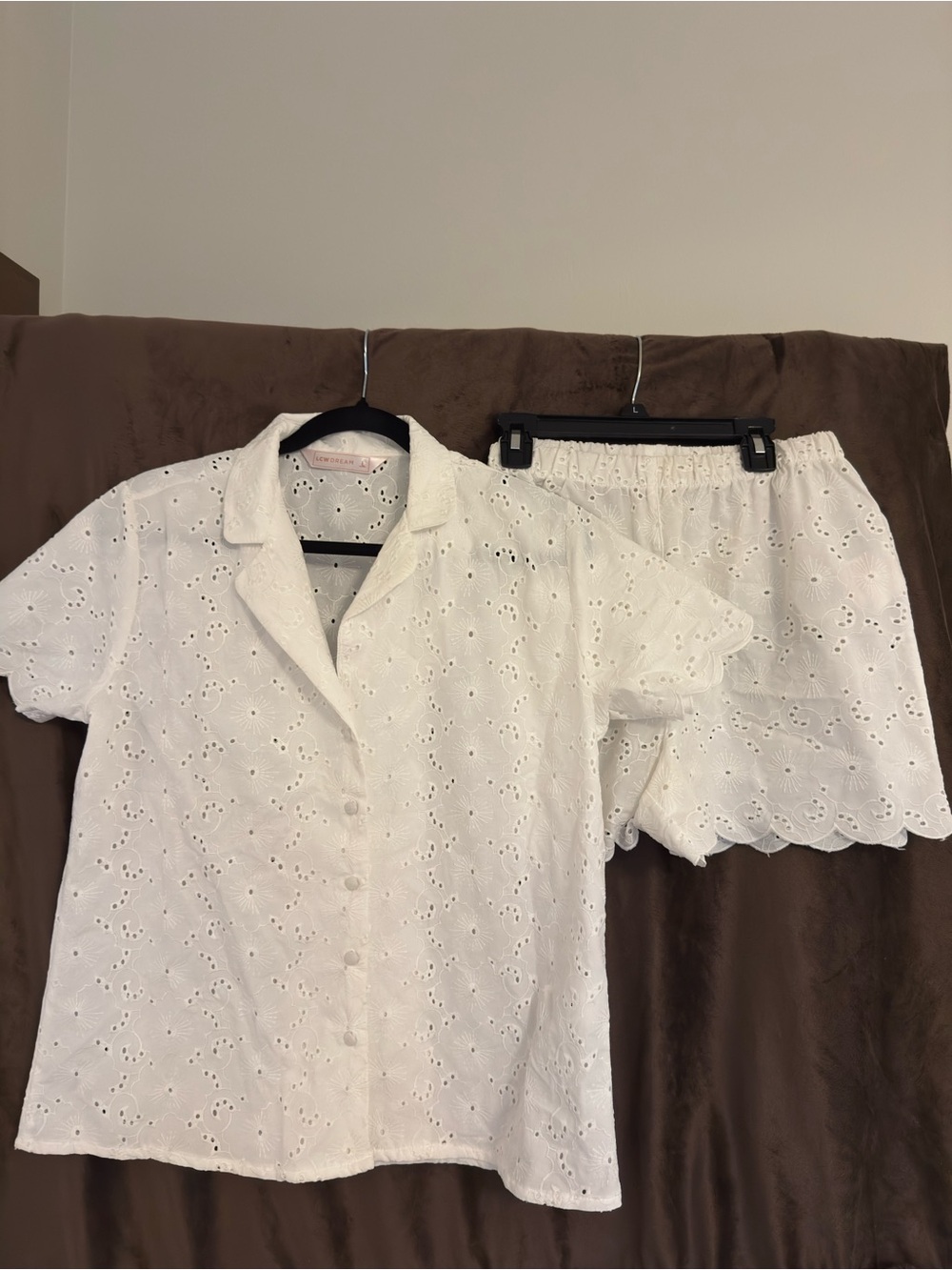 Women’s White Eyelet Button-Down Shirt - Short Sleeve and Matching Shorts